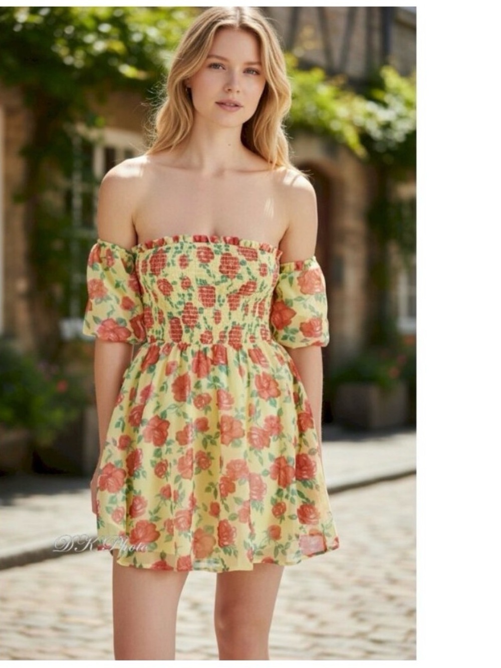 BETSEY JOHNSON Romantic Smocked Floral Off-The-Shoulder Mini Dress Size S